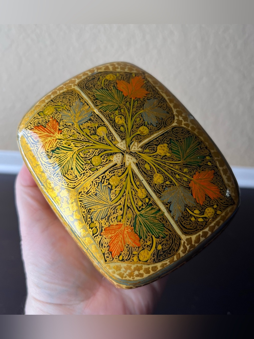 Vintage 1970s Kashmiri Papier Mâché Jewelry Box Domed Lid Gold Floral Trinket